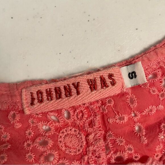 JOHNNY WAS BUTTON FRONT CORAL Eyelet EMBROIDERED BLOUSE 3/4‎ sleeve sz small - Picture 6 of 9